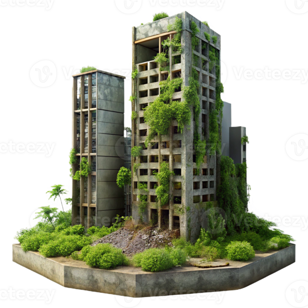 magnificent abstract Post-apocalyptic ruins of a skyscraper, overgrown with vegetation, muted sunlight, desolate atmosphere, hyperrealistic, matte painting, premium png