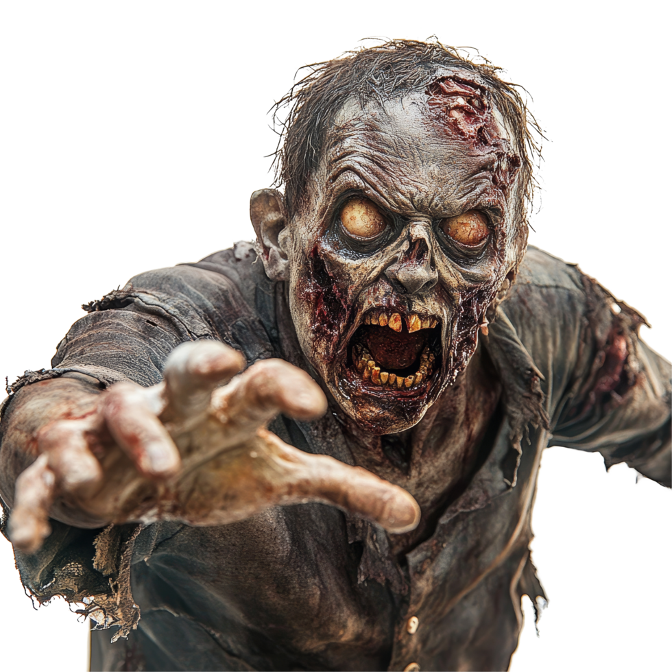 A terrifying Halloween zombie emerging from the shadows with rotting flesh and glowing eyes against a transparent background, Halloween Zombie on transparent background png