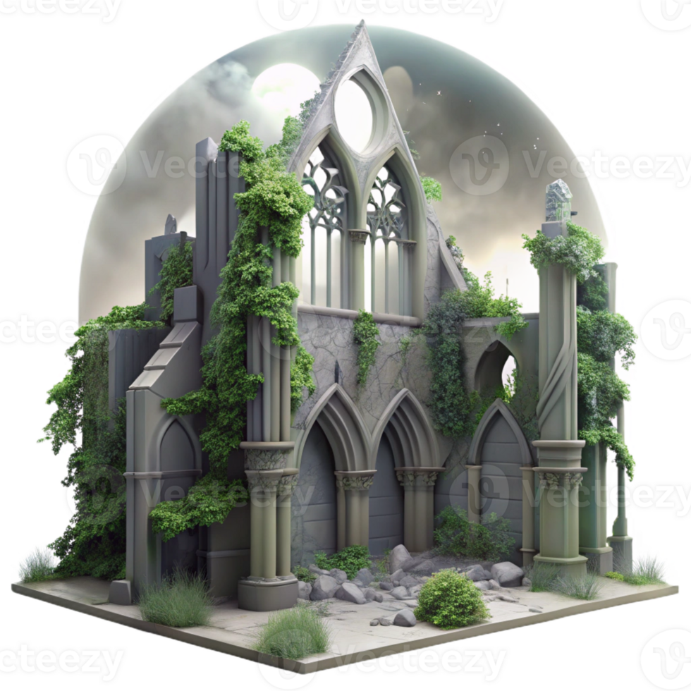 elegant abstract A crumbling Gothic cathedral overgrown with ivy, volumetric fog, moonlight, desaturated colours, photorealistic exclusive png
