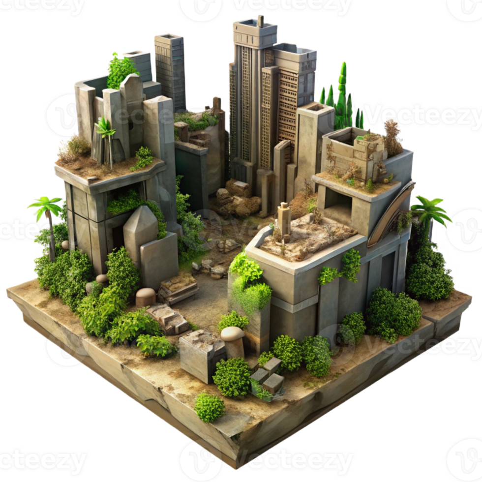 impressive rustic A post-apocalyptic city in ruins, overgrown with vegetation, dim lighting, dystopian style, muted colors, detailed png