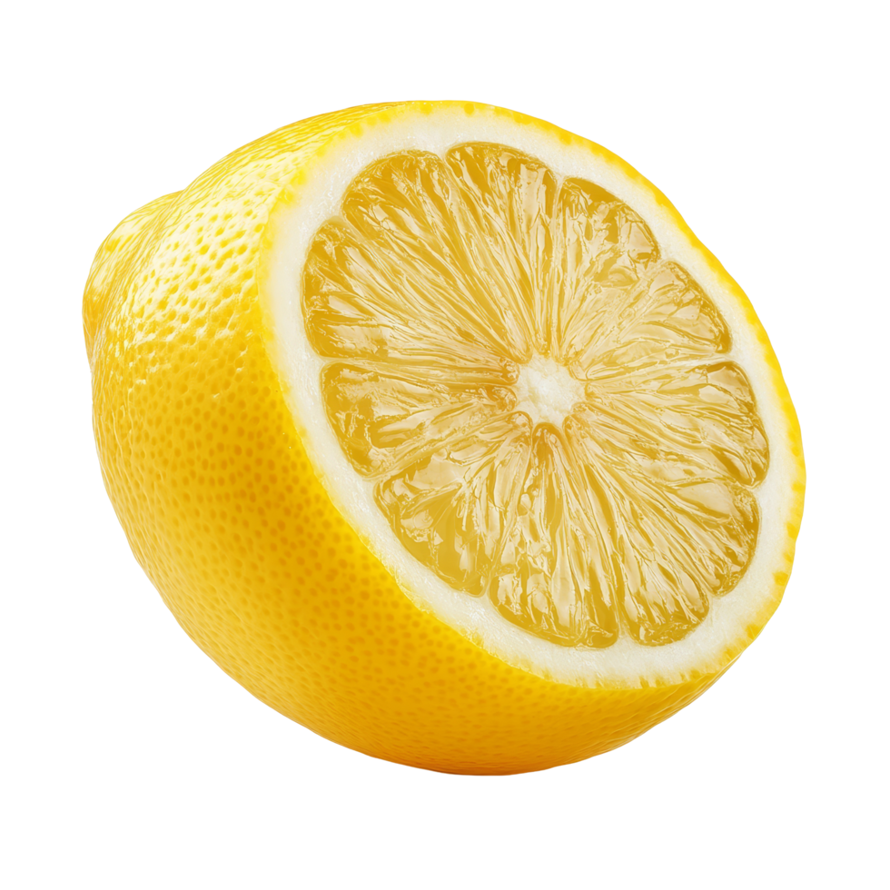 Freshly cut lemon displaying vibrant yellow color and juicy interior, ideal for culinary use and garnishing, Fresh lemon isolated png