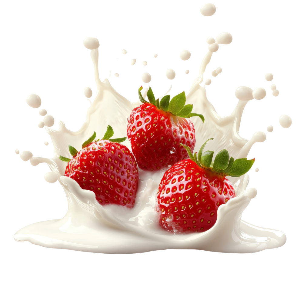Fresh strawberries splashing into creamy milk in a vibrant and refreshing display on a transparent background, Milk splash with strawberries isolated png