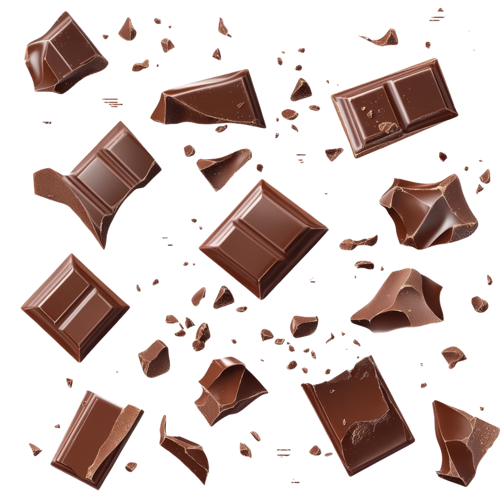 Delicious realistic chocolate bar pieces scattered artistically on a clean transparent background, Realistic chocolate bar pieces on transparent background. Chocolate transparent background png