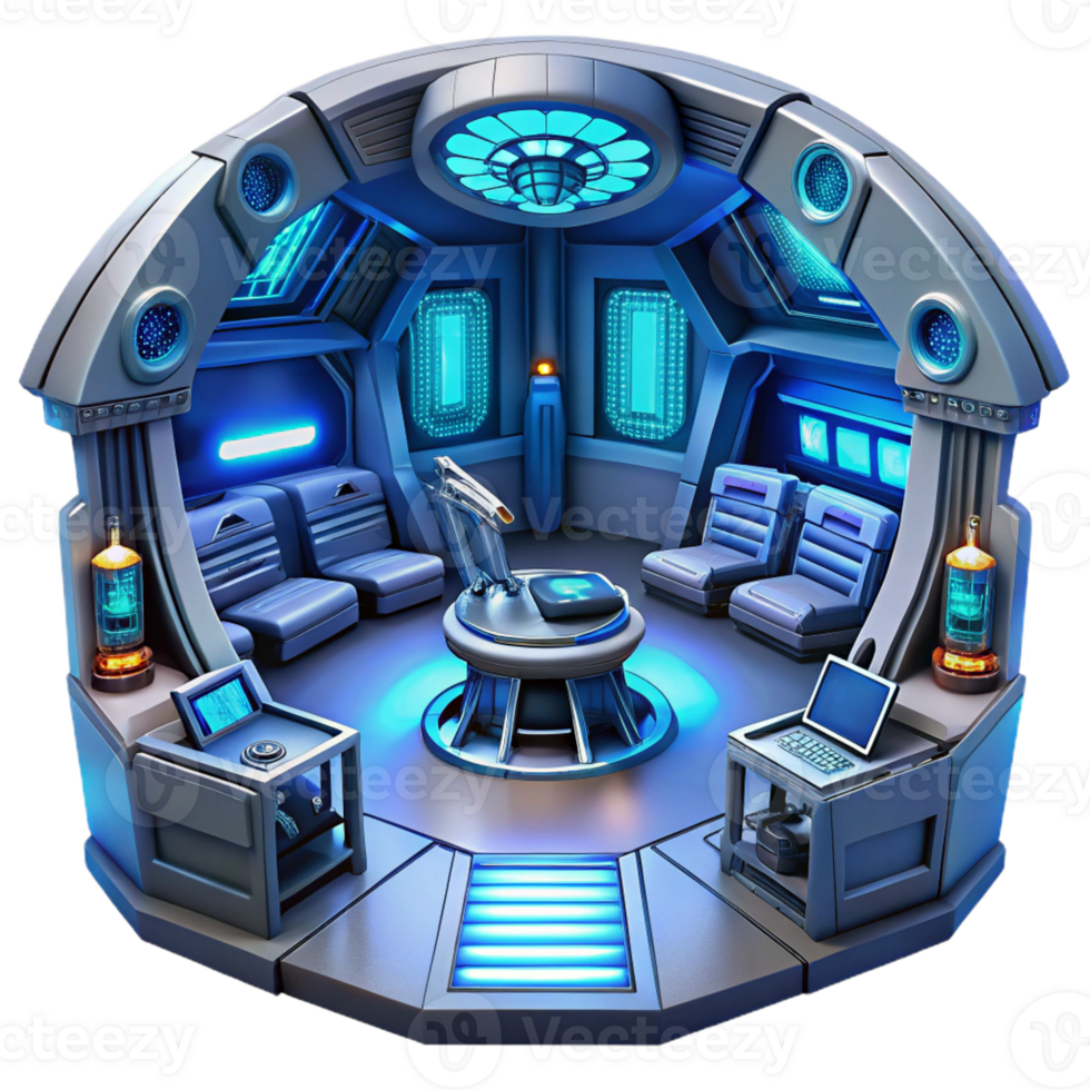 impressive classic A spaceship interior with holographic displays and futuristic technology, cool blue light, sci-fi style, highly detailed, high quality png