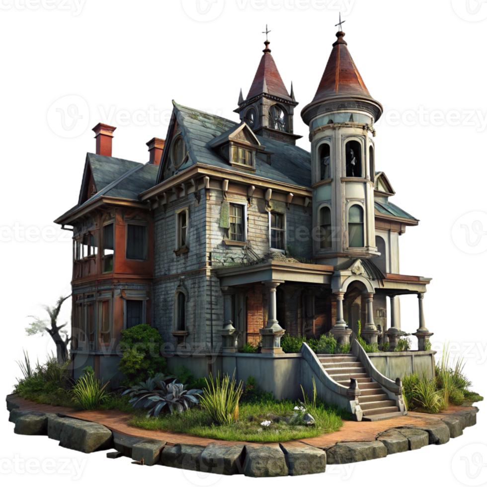 impressive classic A decaying Victorian mansion, broken windows, overgrown vegetation, dark and moody lighting, horror style genuine png
