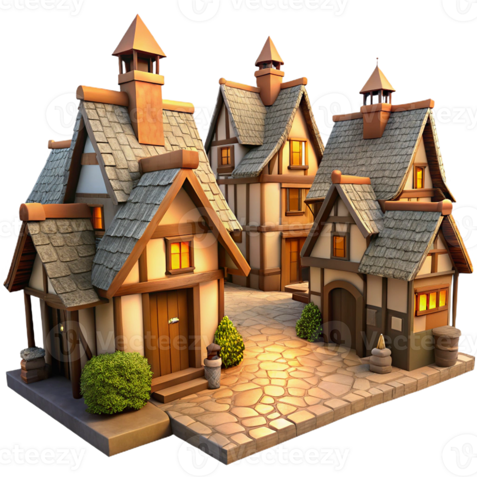 elegant minimalist A medieval village with thatched roof cottages and cobblestone streets, warm sunlight, quaint and charming high resolution png