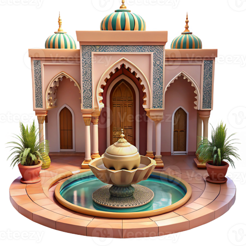 stunning artistic A Moroccan riad, intricate tilework, central courtyard fountain, exotic, opulent style 4K png