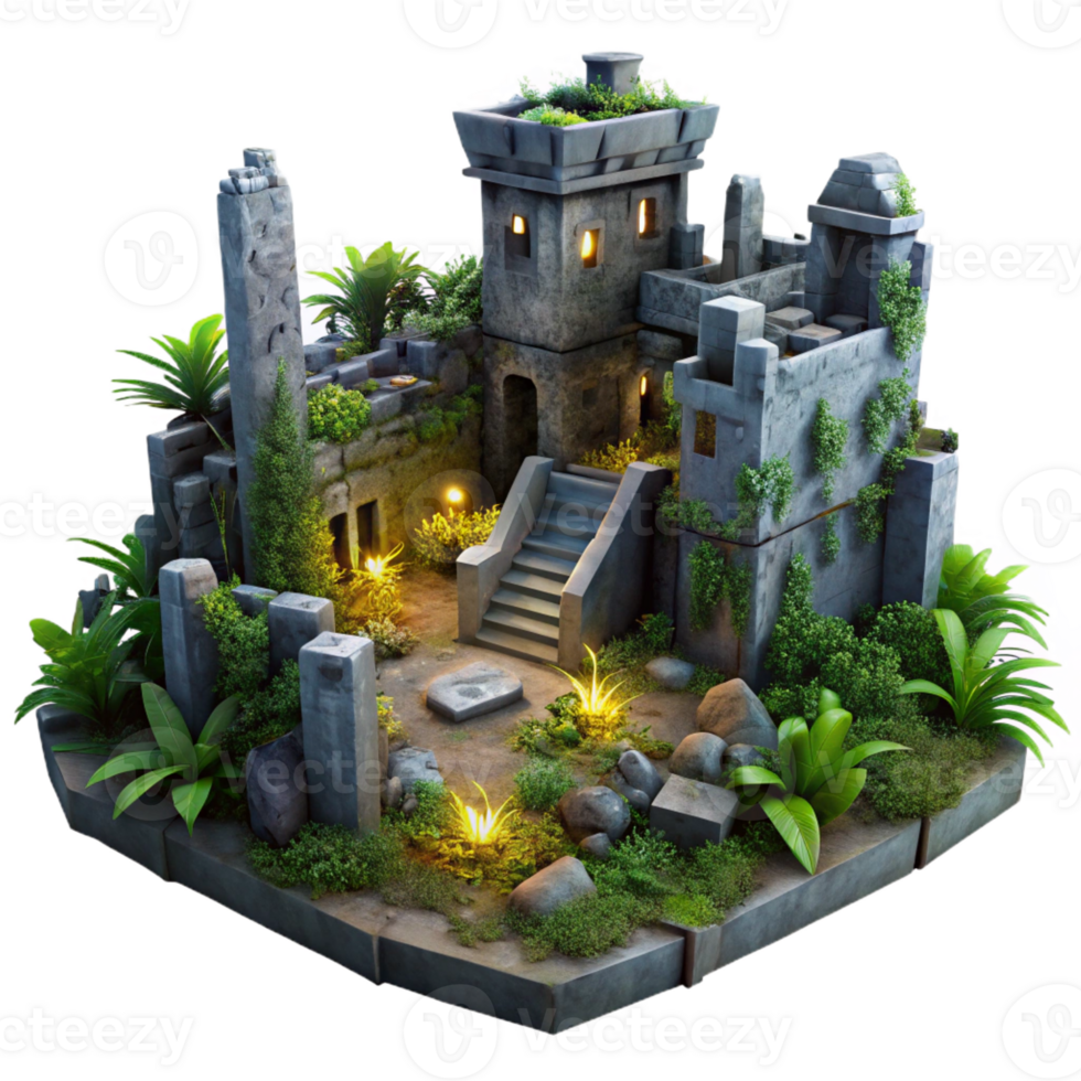 serene rustic A post-apocalyptic ruined city, overgrown with vegetation, dim twilight lighting, desolate and haunting style high resolution png
