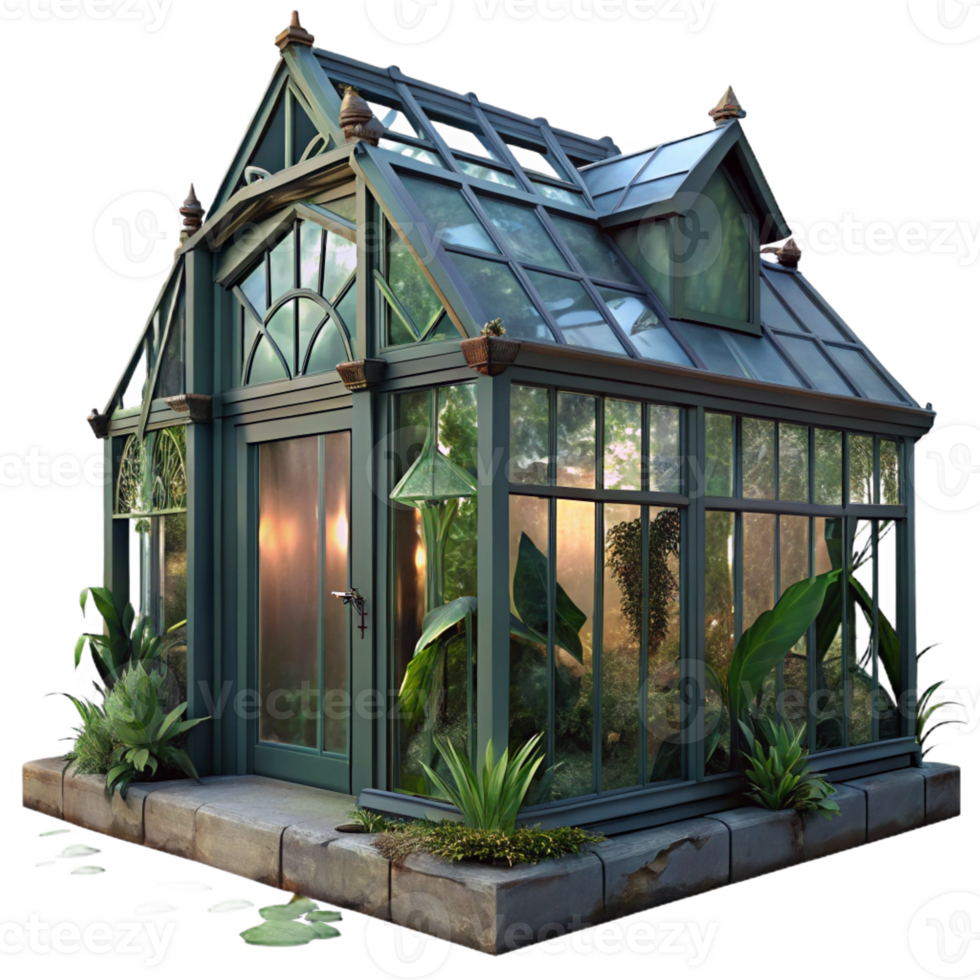 beautiful artistic A dilapidated Victorian greenhouse, overgrown plants, broken glass, dim lighting, mysterious atmosphere high resolution png