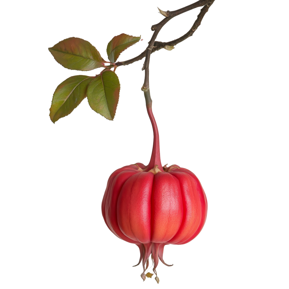 A vibrant rose apple hanging on a branch against a clean transparent background, showcasing its unique shape and color, roseapple on transparent background png