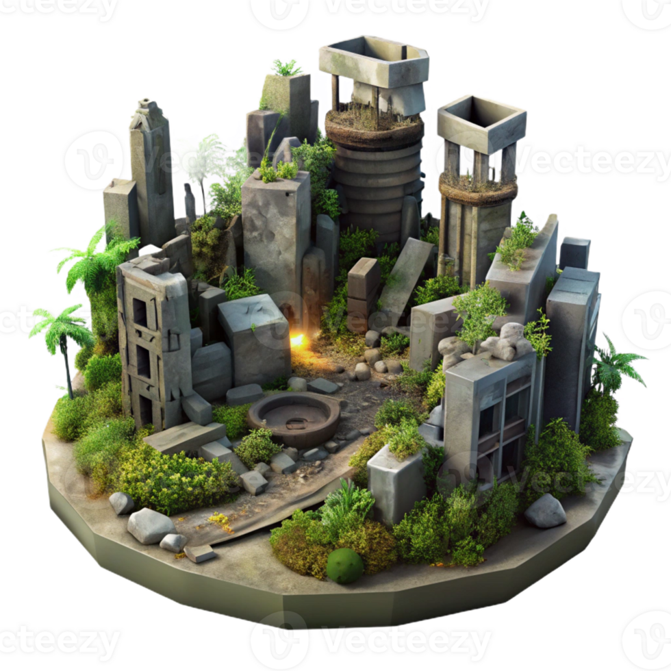 magnificent creative A post-apocalyptic city in ruins, overgrown with vegetation, dim lighting, dystopian style, muted colors, original png