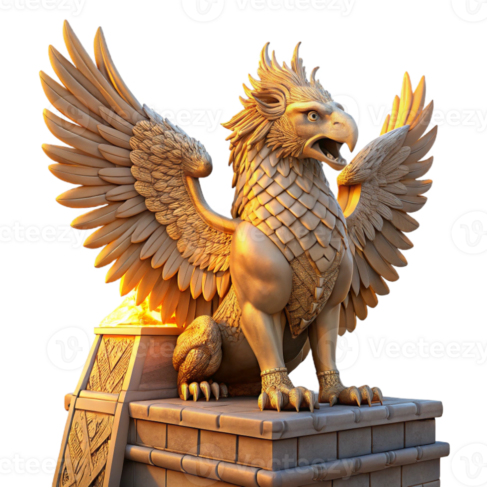 wonderful rustic A majestic griffin perched atop a crumbling ziggurat bathed in golden sunset light, intricate carvings visible on its feathers and the stone, Art Nouveau style original png