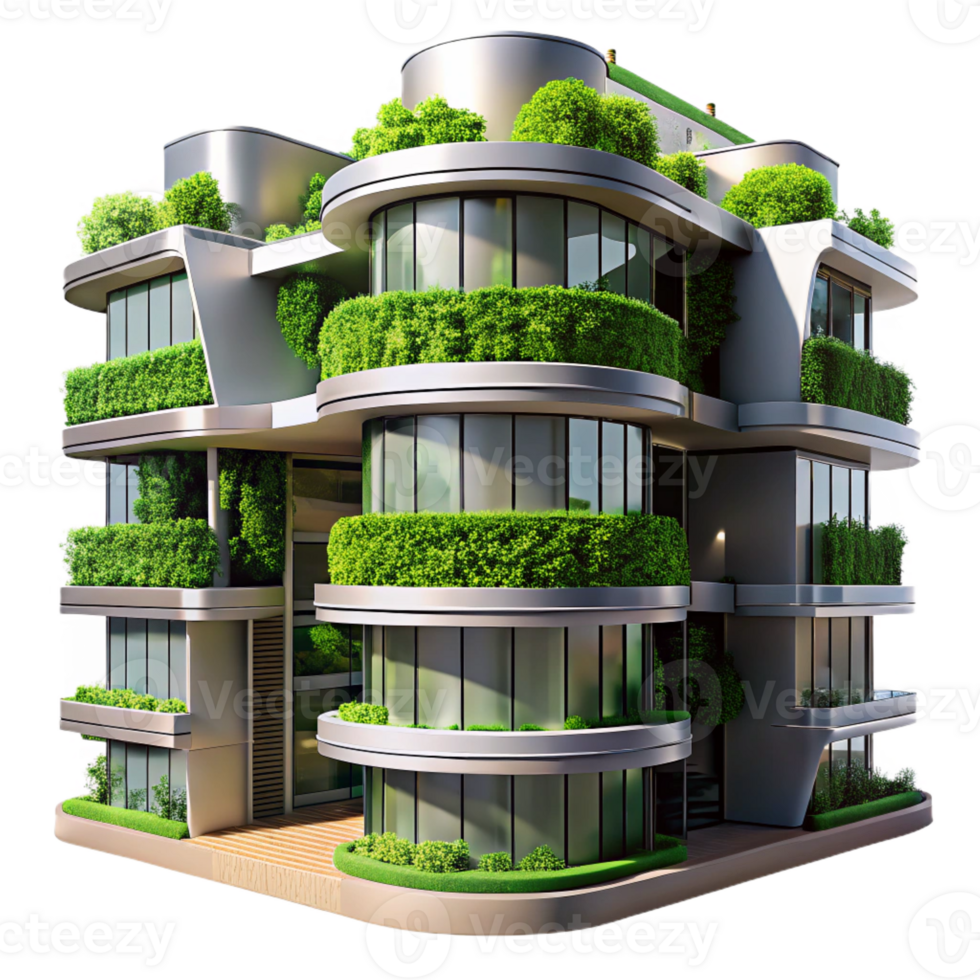 magnificent creative A futuristic apartment complex with vertical gardens, lush greenery and sleek metal, bright daylight, eco-futuristic style exclusive png