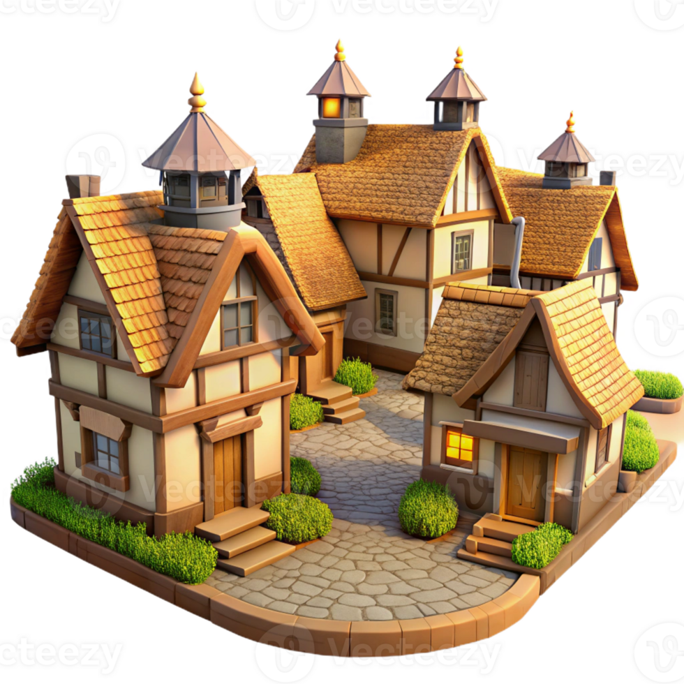 impressive abstract A medieval village with thatched roof cottages and cobblestone streets, warm sunlight, quaint and charming 4K png