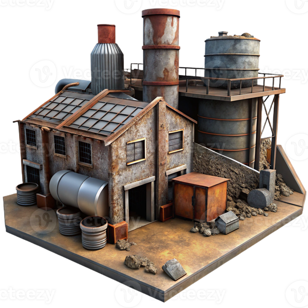 impressive rustic An abandoned industrial complex, rusting metal and broken concrete, dim lighting, dystopian atmosphere detailed png