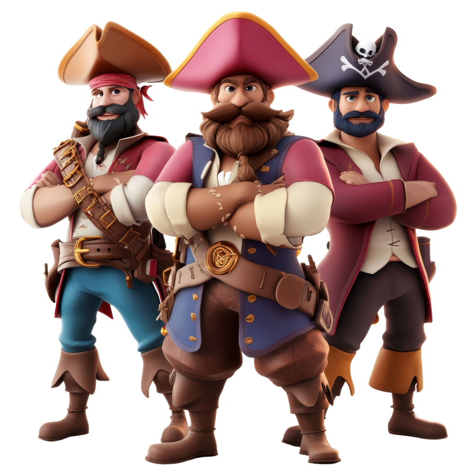 Cartoon pirate characters engage in adventurous swashbuckling antics with a buccaneer theme, 3D Cartoon Pirate Characters, Swashbuckling Buccaneers Isolated on transparent background png