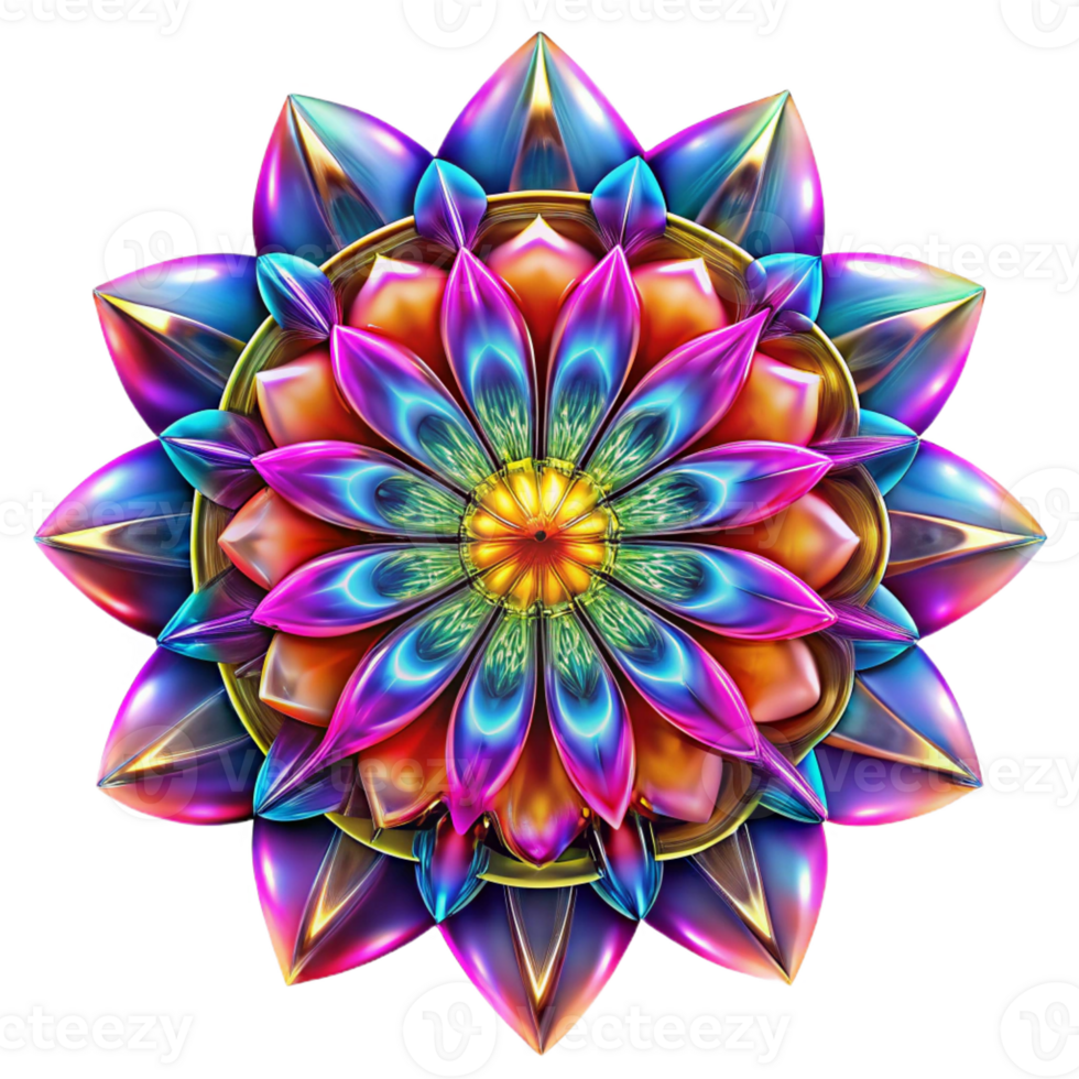 wonderful artistic A kaleidoscope of vibrant, symmetrical patterns, illuminated by a bright, multicolored light, psychedelic style professional png