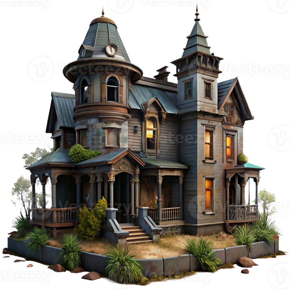 stunning creative A decaying Victorian mansion, broken windows, overgrown vegetation, dark and moody lighting, horror style 4K png