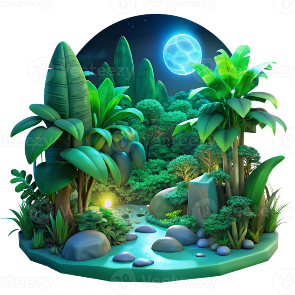 beautiful rustic A lush, green jungle teeming with colorful, bioluminescent flora and fauna, lit by moonlight filtering through dense canopy, dreamlike art style 4K png