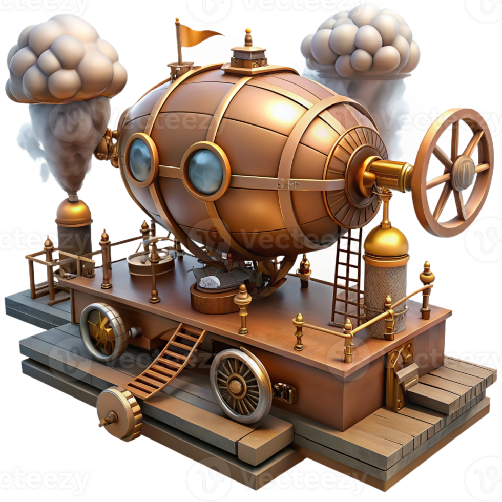 dramatic rustic Steampunk airship dock, gears and pipes, smoky atmosphere, warm industrial lighting, retrofuturistic, authentic png