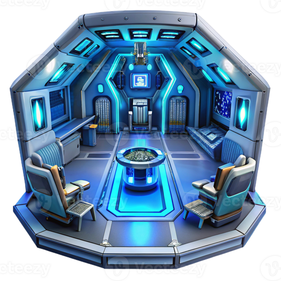 elegant vintage A spaceship interior with holographic displays and futuristic technology, cool blue light, sci-fi style, highly detailed, original png