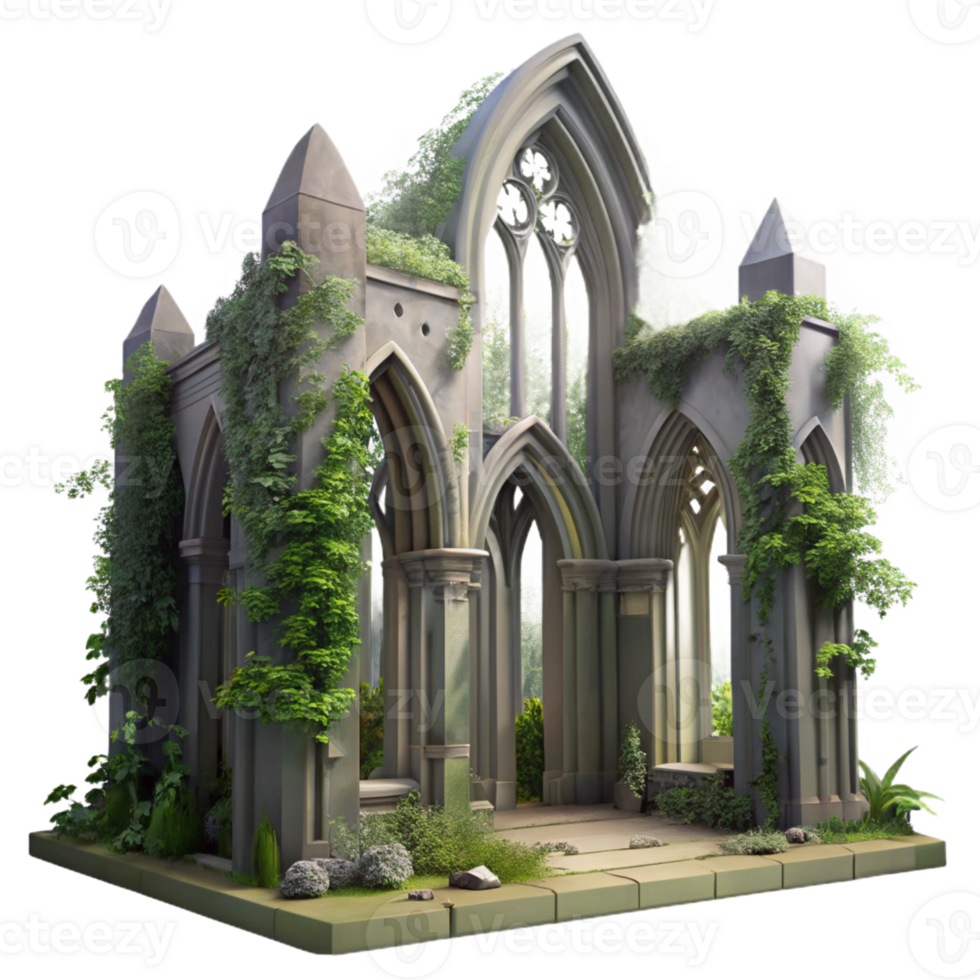 impressive contemporary A crumbling Gothic cathedral overgrown with vines, soft diffused sunlight filtering through broken stained glass, romanticism style, muted colors, genuine png