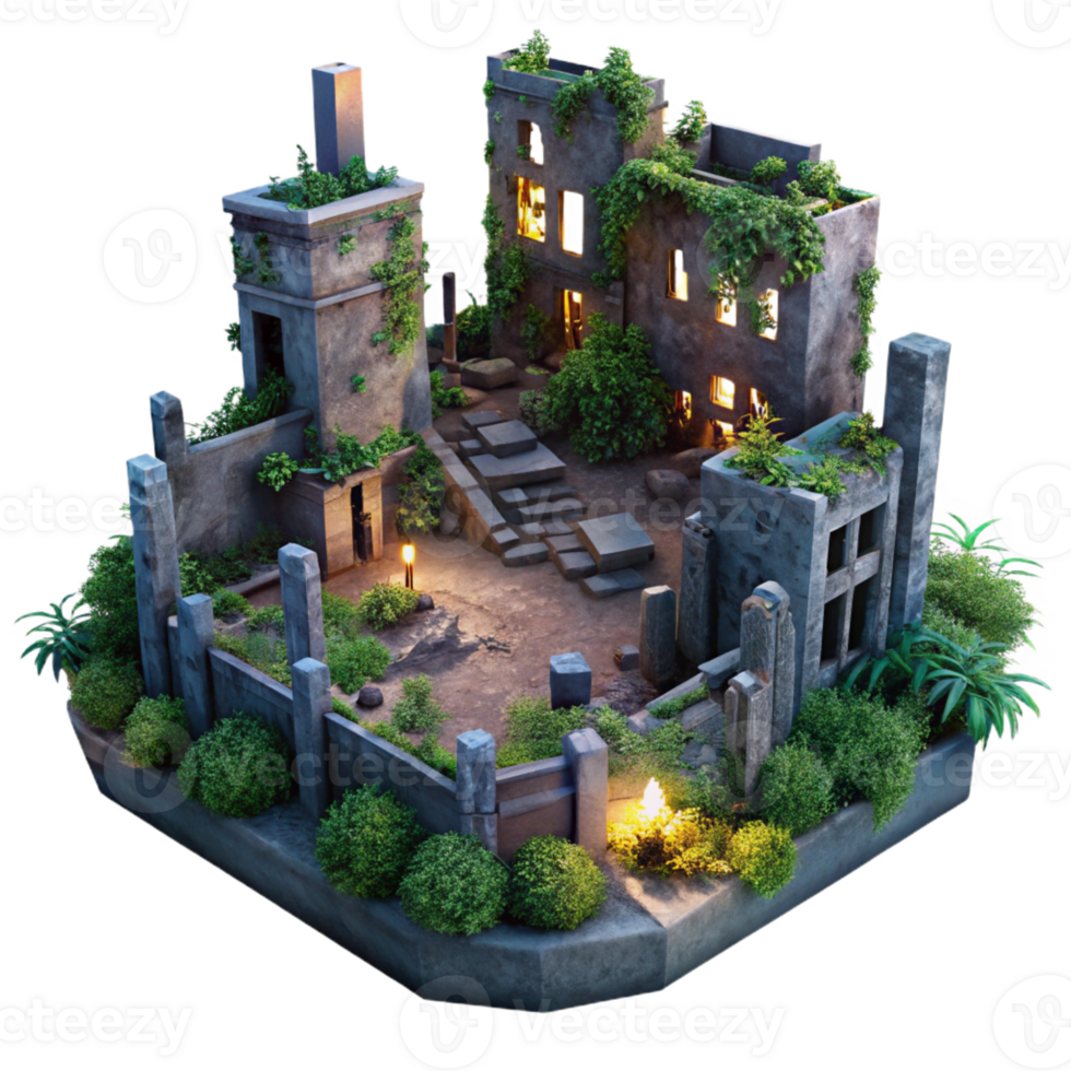 serene classic A post-apocalyptic ruined city, overgrown with vegetation, dim twilight lighting, desolate and haunting style detailed png