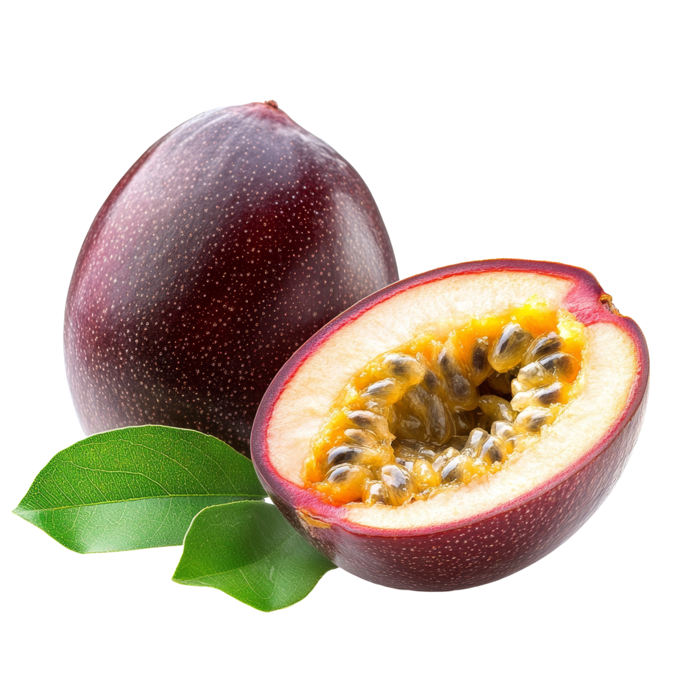 Fresh passion fruit on a transparent background showcasing vibrant colors and unique interior texture, Passion fruit isolated on transparent background background png