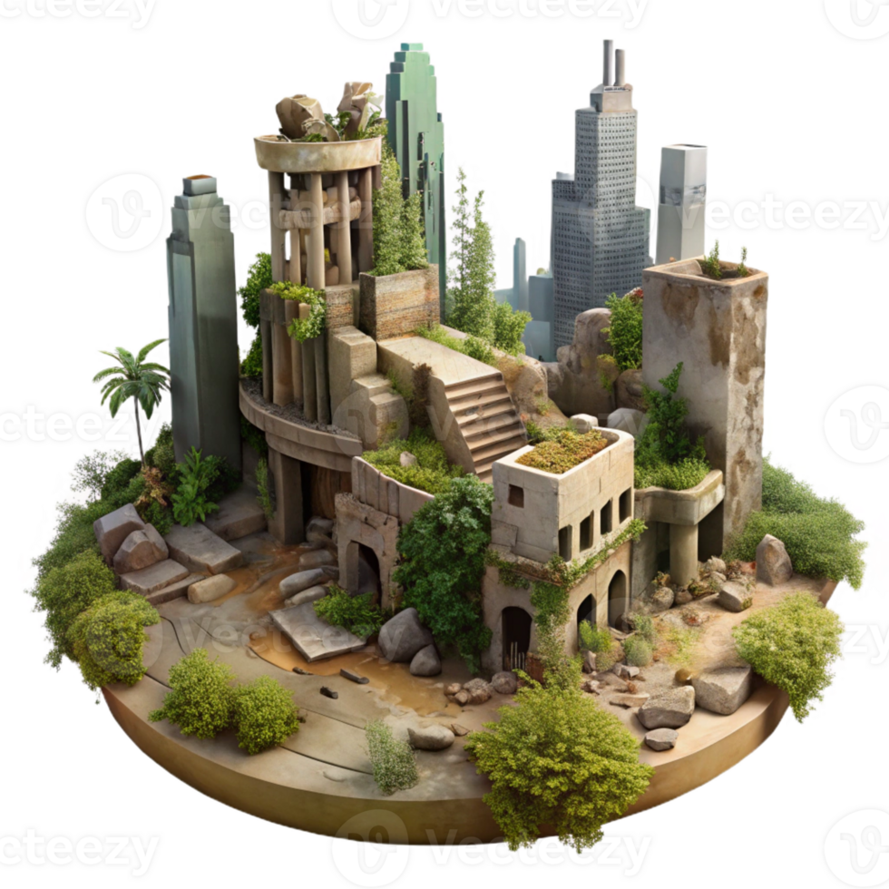 vibrant modern A post-apocalyptic city in ruins, overgrown with nature, muted colors, melancholic, digital painting, authentic png