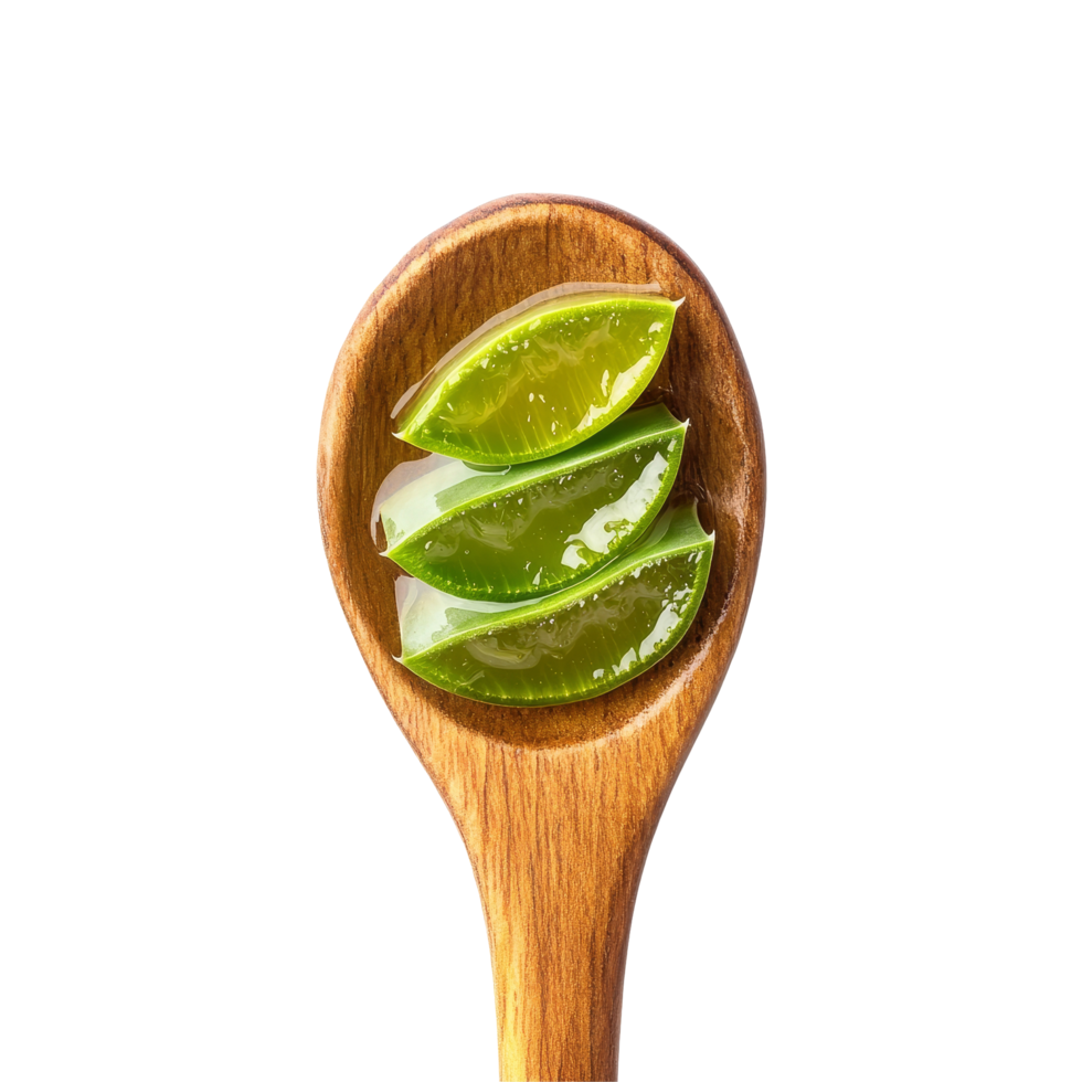 Aloe vera gel displayed in a wooden spoon against a clean transparent background, aloe vera gel in wood spoon on transparent background png