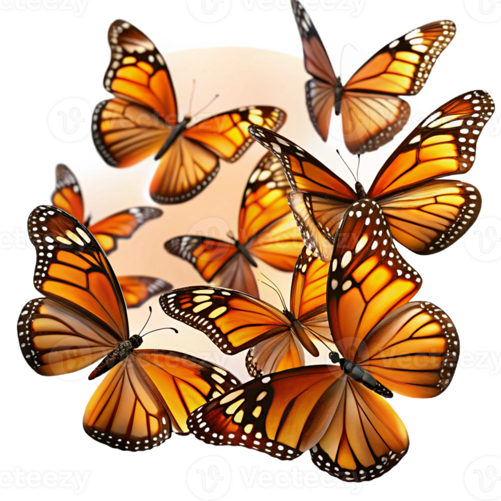 serene traditional A swarm of monarch butterflies migrating across a vast desert, warm sunset lighting, impressionistic style premium png