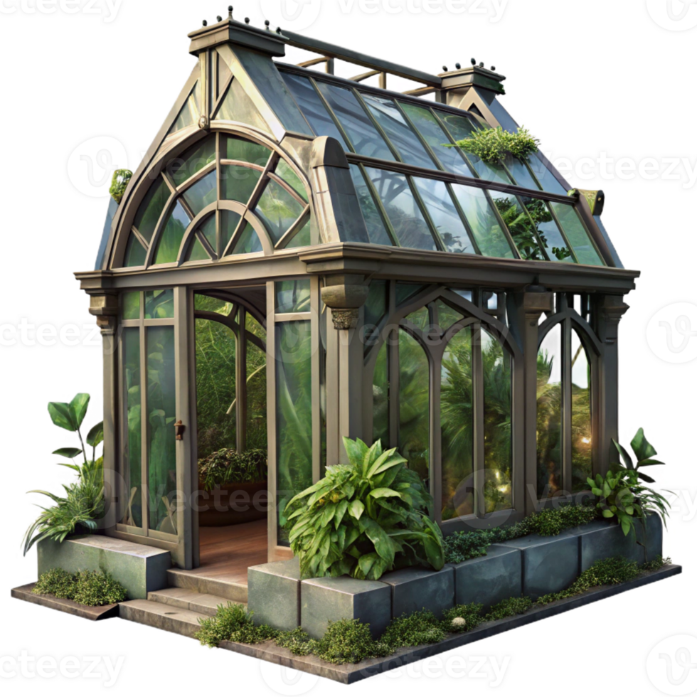 magnificent creative A dilapidated Victorian greenhouse, overgrown plants, broken glass, dim lighting, mysterious atmosphere 4K png