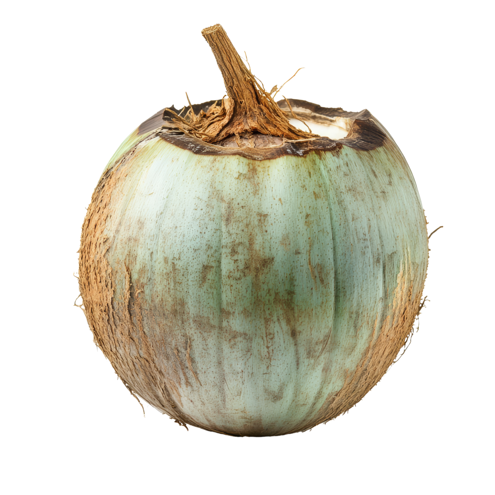 A young coconut isolated on a transparent background, showcasing its smooth, green exterior and brown fibrous husk, young coconut isolated on transparent background png