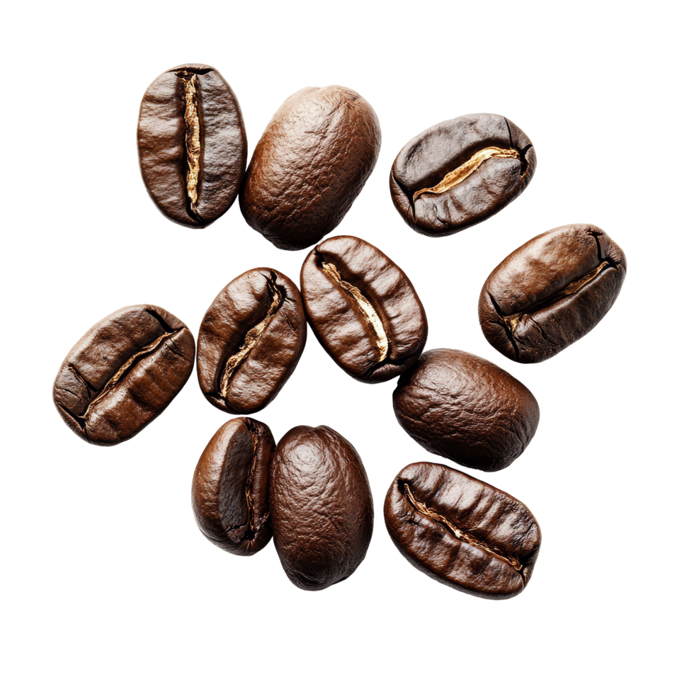 A group of freshly roasted coffee beans placed on a transparent background for a clean and appealing presentation, coffee beans in cup isolated on transparent background png