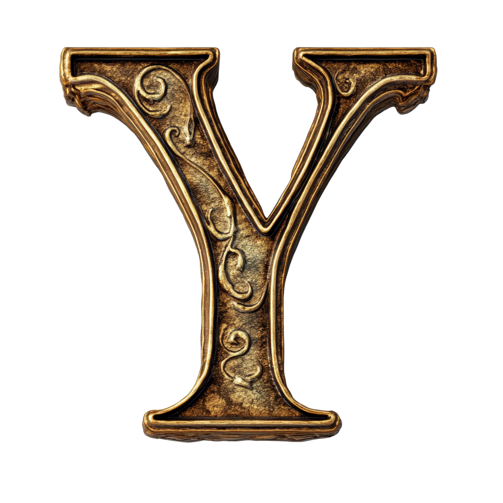 A detailed ornamental letter Y crafted in gold with intricate designs, showcasing creative typography on a transparent background, consonant letter y is used to make words on transparent png