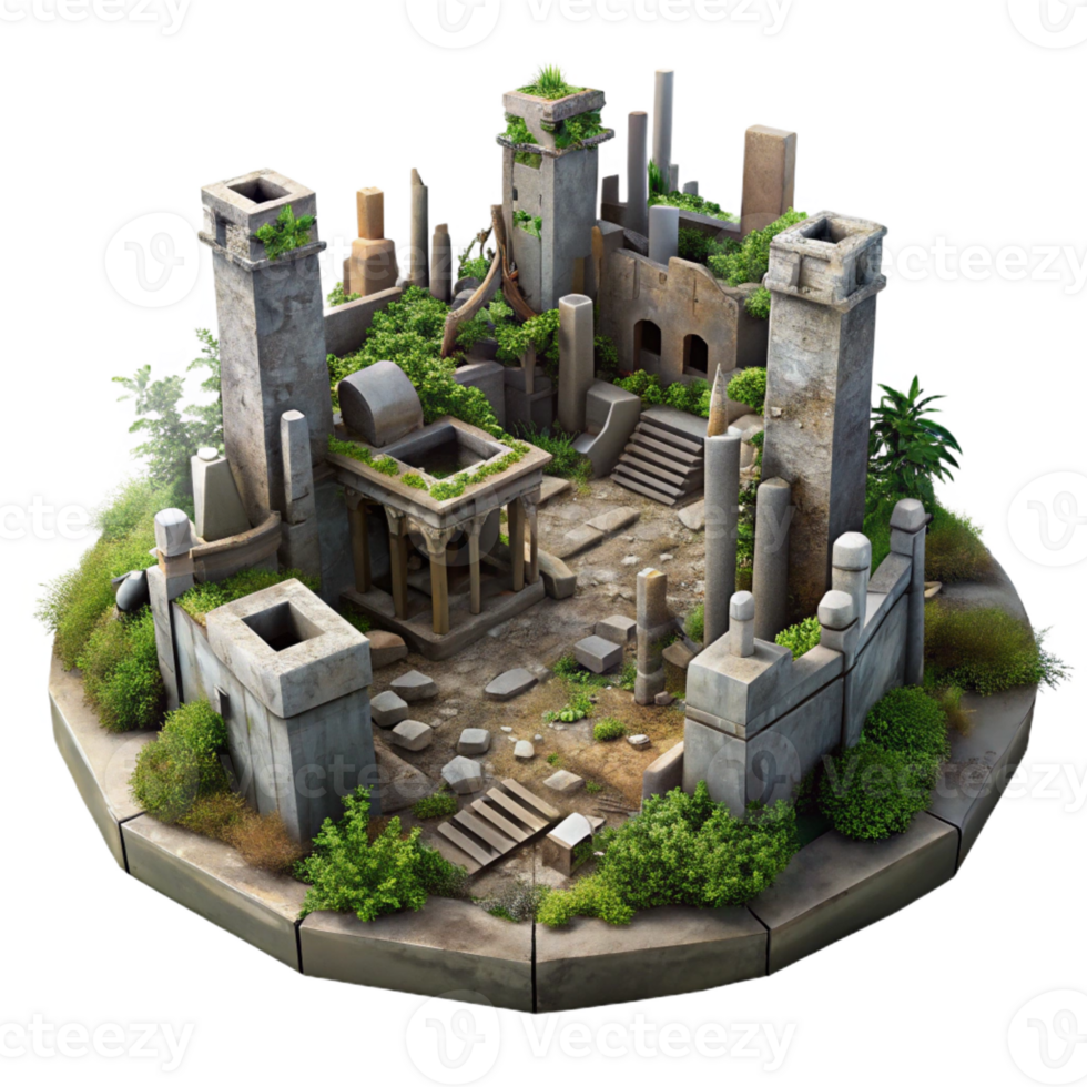 vibrant classic A post-apocalyptic city in ruins, overgrown with vegetation, dim lighting, dystopian style, muted colors, genuine png