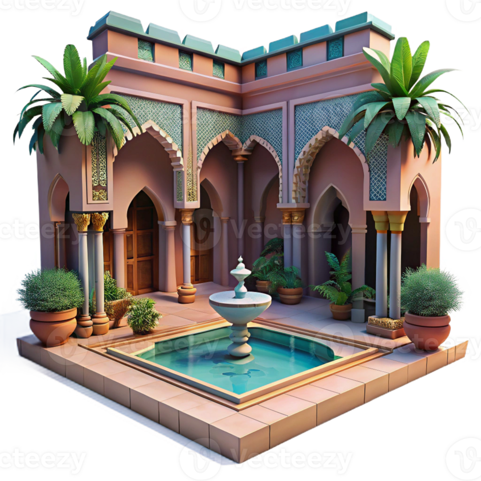 impressive minimalist A Moroccan riad, intricate tilework, lush courtyard, midday sun, architectural photography 4K png