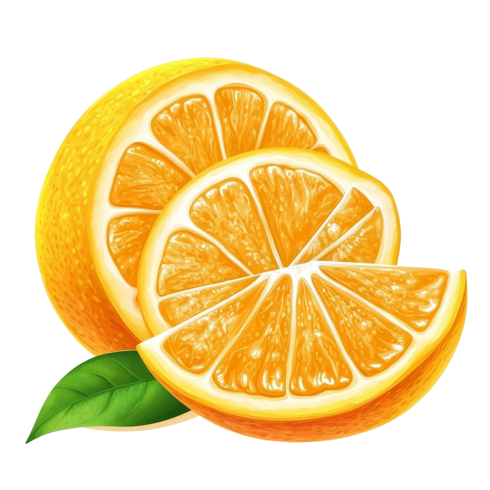 Freshly sliced orange citrus fruit displaying vibrant segments with green leaves on a transparent background, Orange citrus fruit lemon isolated on transparent background png