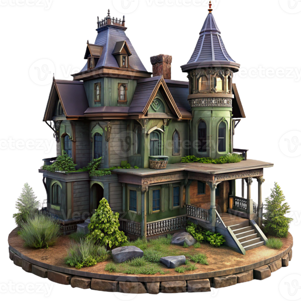 beautiful contemporary A decaying Victorian mansion, overgrown garden, dim lighting, gothic horror style, muted colors, authentic png