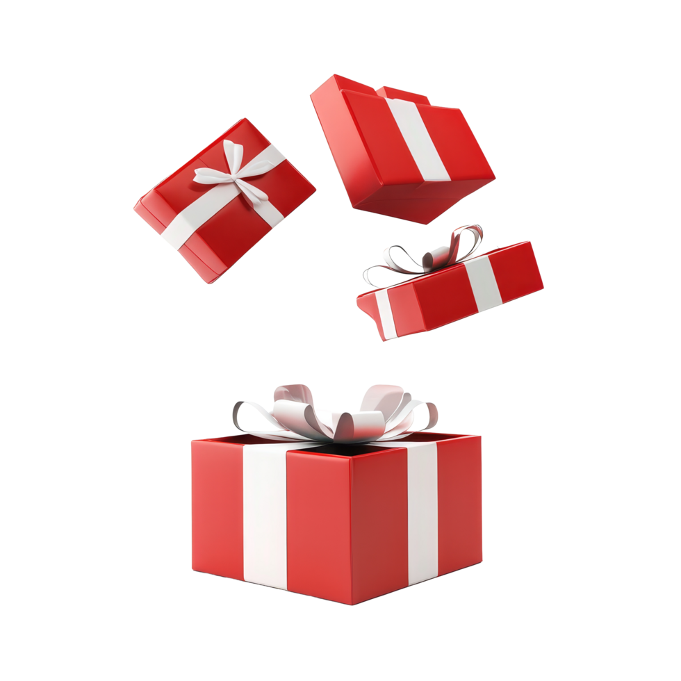 Gift boxes bursting from a bright red open box, symbolizing surprise and celebration in an exciting festive moment, transparent gift boxes pop out from red open gift box isolated on transparent png