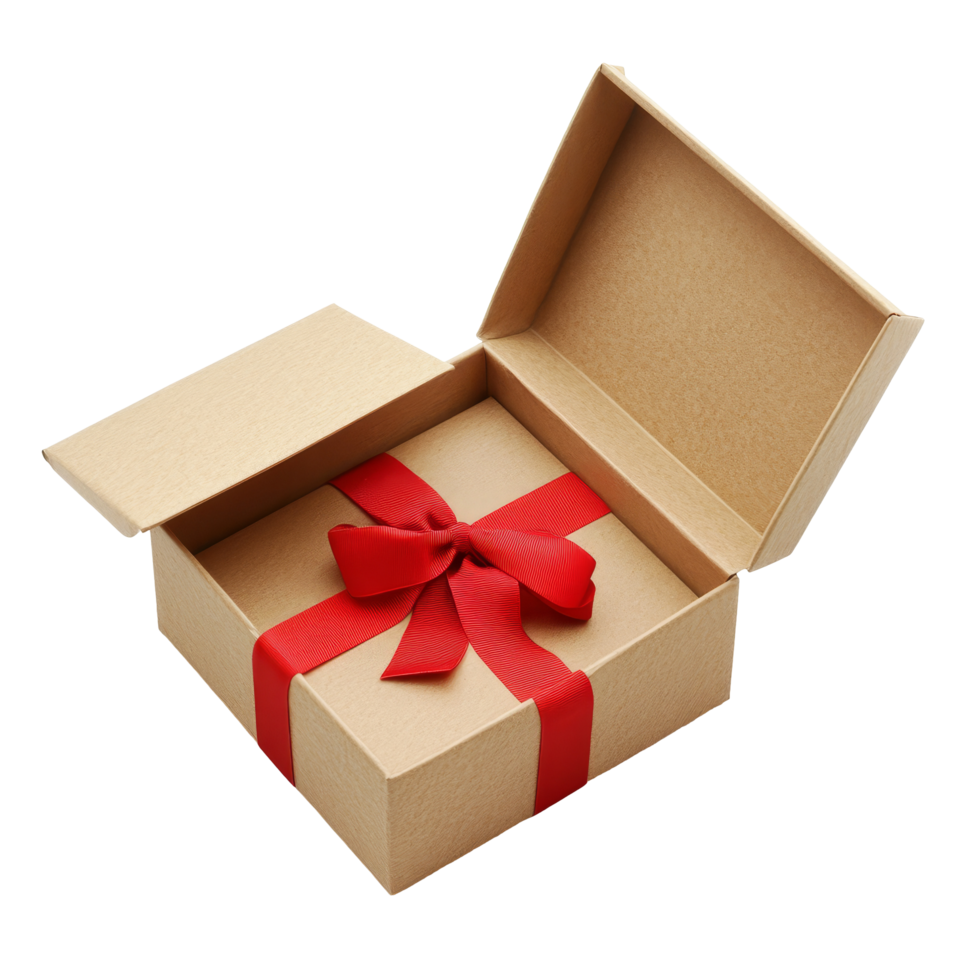 A brown open gift box tied with a red bow displayed on a transparent surface perfect for celebrations and holidays, Brown open gift box with red bow isolated on transparent background Stock Photo png