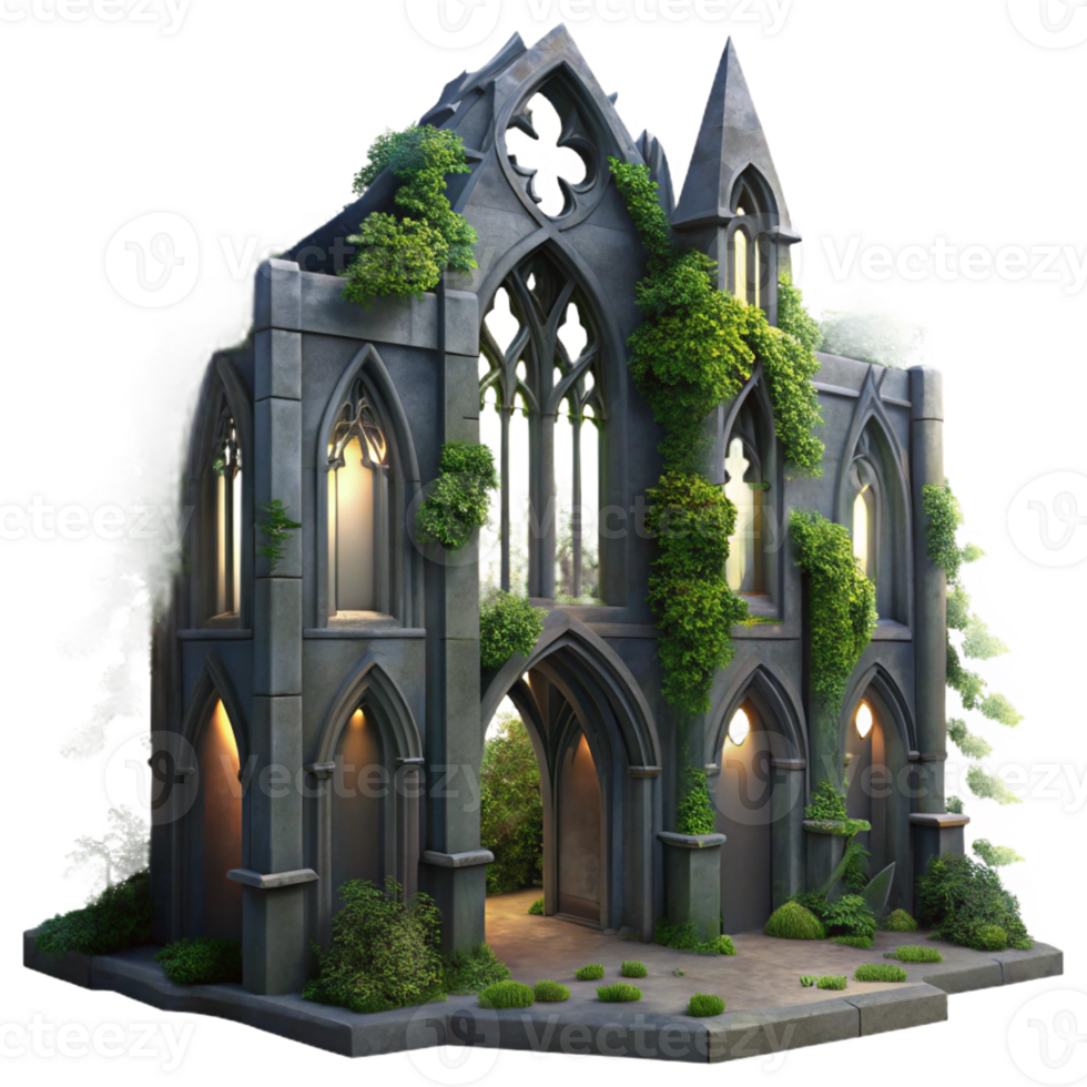 wonderful classic A crumbling Gothic cathedral overgrown with ivy, moonlight filtering through broken stained-glass windows, eerie atmosphere, hyperrealistic, professional png
