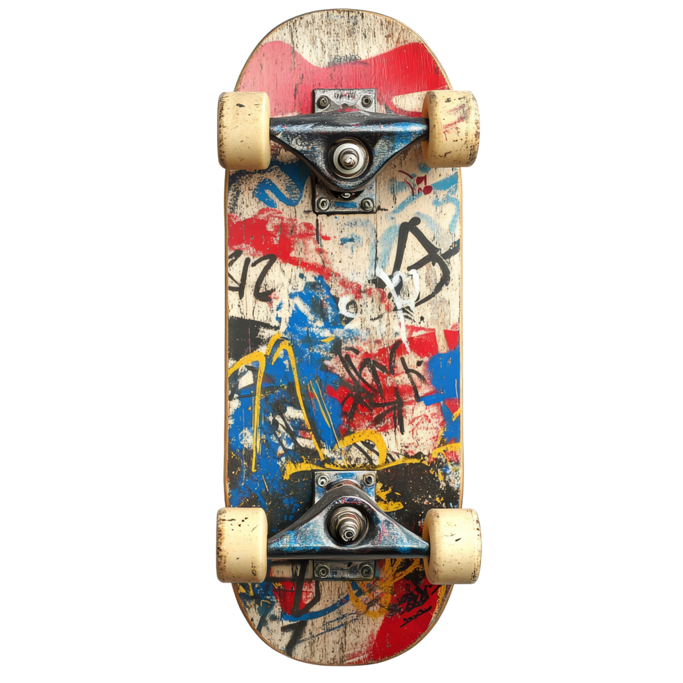 Vintage skateboard adorned with graffiti design, set against a clean transparent backdrop, showcasing urban art culture, Vintage Skateboard with Graffiti on transparent background png