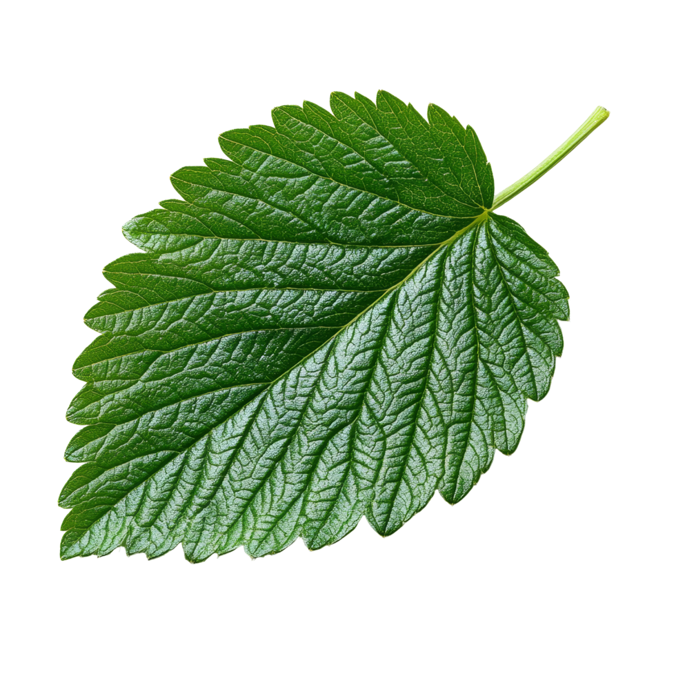 Fresh strawberry leaf isolated on a bright transparent background showcasing its vibrant green color and texture, Strawberry and leaf isolated on transparent background png