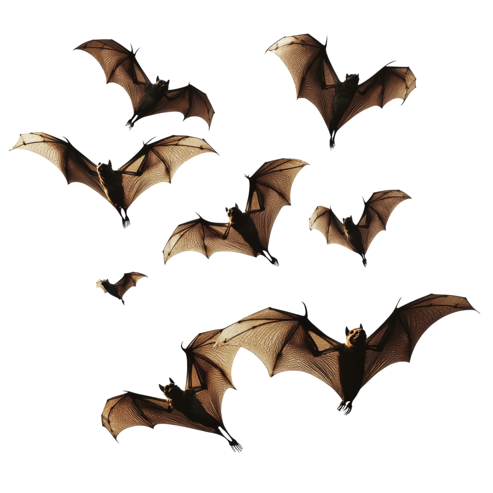 Flock of bats in flight against a transparent background during twilight hours, flying flock of bats, file of isolated object on transparent background png