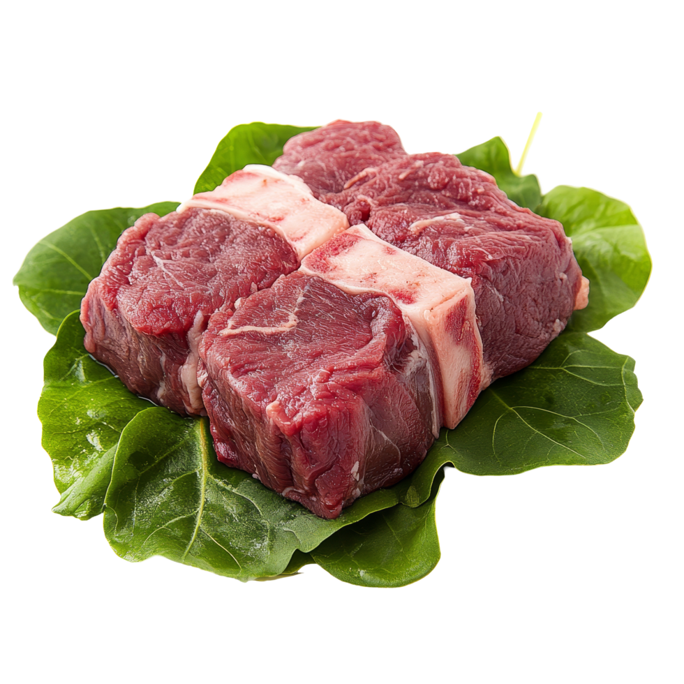 Fresh beef cut resting on vibrant green leaves against a pristine transparent background, beef on leaves top view isolated on transparent background png
