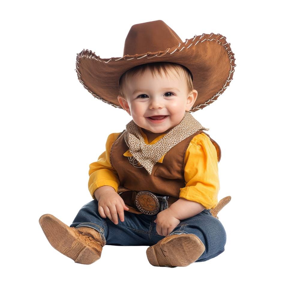 Cute baby dressed as a cowboy smiling happily against a transparent background, Baby kid dressed as cowboy isolated on transparent background png