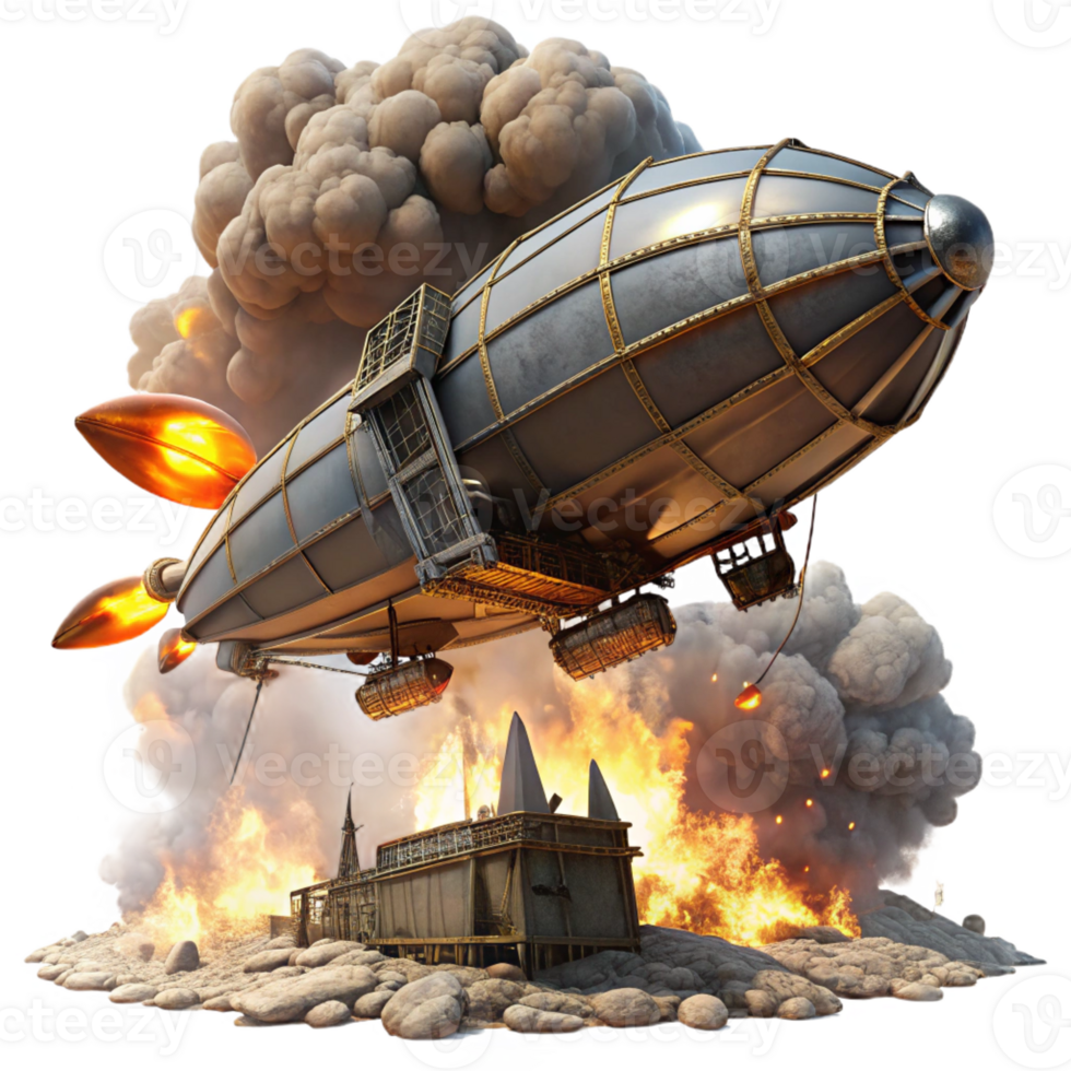 dramatic creative A steampunk airship battle over a desolate wasteland, explosions and smoke filling the air, dramatic, fiery lighting genuine png
