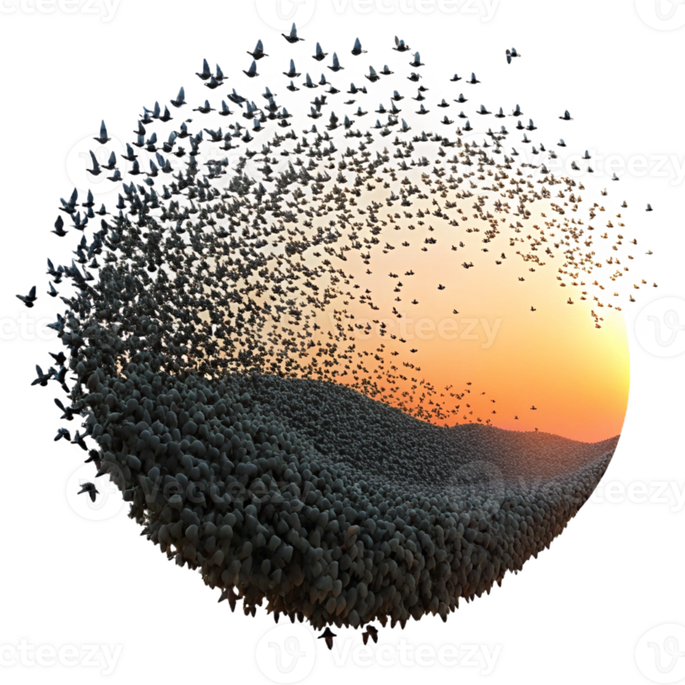 elegant rustic A flock of starlings forming a murmuration in the sky, sunset lighting, silhouette style, 4K png