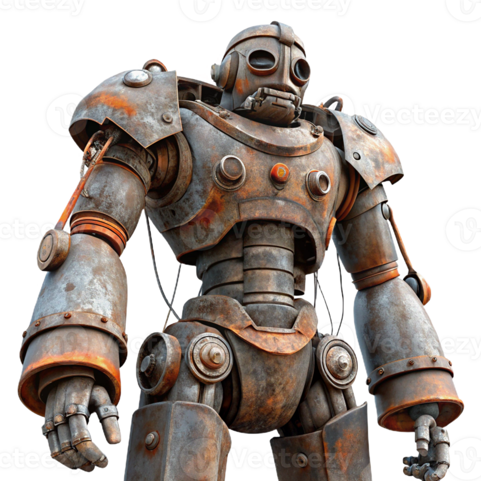 extraordinary rustic A colossal statue of a robot, weathered metal and exposed wires, post-apocalyptic style 4K png
